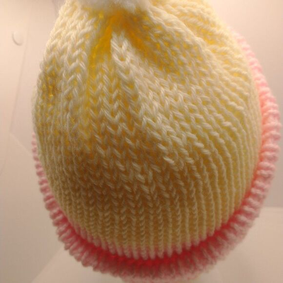 Hand Crafted Knit Unisex Hat  Pink Ivory Winter Warm Beanie Slouchy Ski Cap - Picture 5 of 7